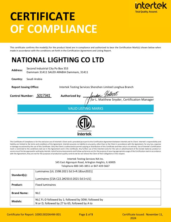 ETL Certificate of Compliance, Report 100013020AHM-001 (UL 1598)