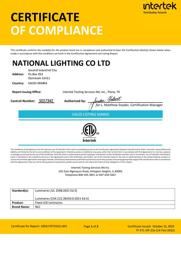 ETL Certificate of Compliance - Fixed LED Luminaires (UL 1598)