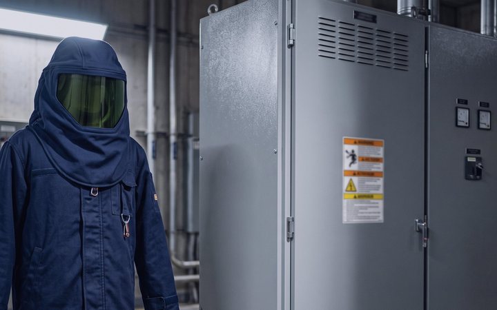 A navy arc flash suit with a hood and tinted visor standing beside a grey switchboard that carries a yellow and white warning label.