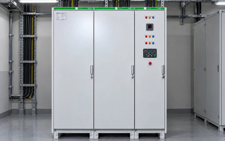 An NLC automatic transfer switch panel: three grey sections with indicator lamps, a meter and an ATS controller on the right-hand door.