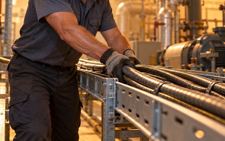 A worker in a hot plant room guides cables along a galvanised tray beside piping and motors.