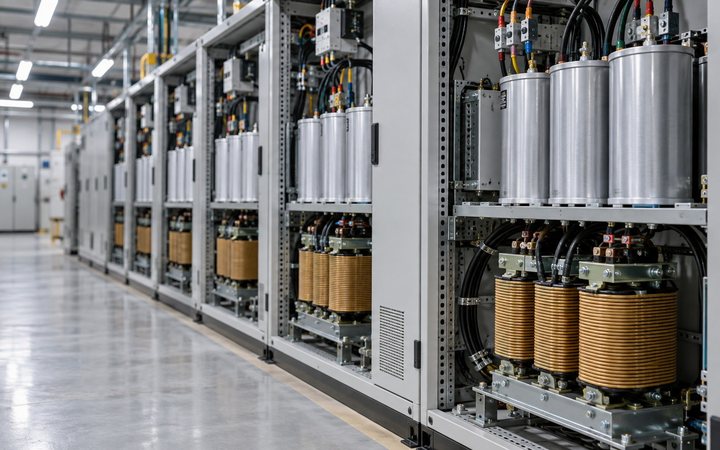 A capacitor bank cubicle with detuning reactors below
