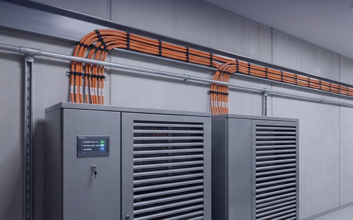 Plant room with two grey central battery cabinets and orange fire-rated cables rising from them along the wall.