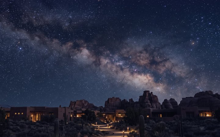 The Milky Way arcs over desert rock formations and a low lodge whose warm windows and path lights stay near the ground.