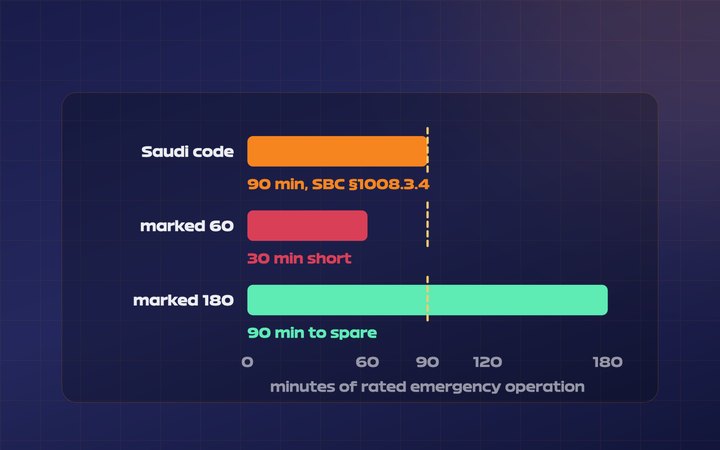 Bar chart: the cited SBC provisions require at least 90 min; a luminaire marked 60 min falls 30 min short and one marked 180 min meets the duration requirement.