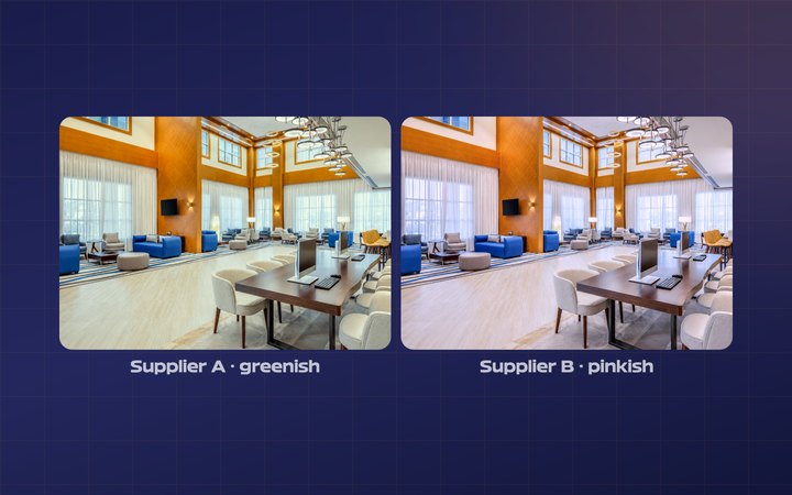 The same hotel lobby lit by two 4000K suppliers side by side, one with a greenish cast and one with a pinkish cast.
