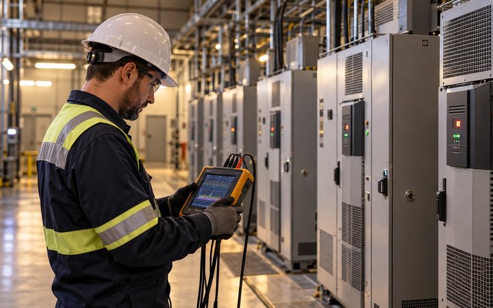 A technician in a white hard hat and hi-vis vest holds a power quality analyser beside a row of grey drive cabinets.