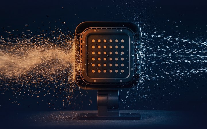 A floodlight hit by a dust stream on one side and water jets on the other, the solids and water the two IP digits cover.