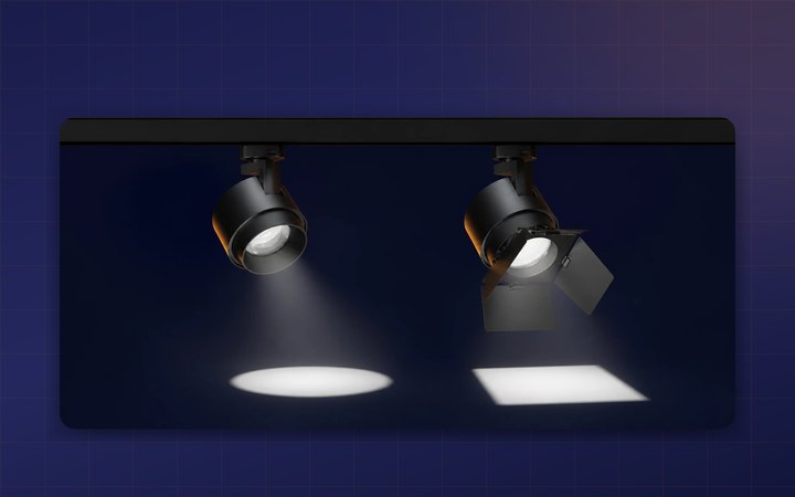Two track spotlights side by side: a lensed spot casts a round pool, a barn-door fixture clips its beam into a rectangle.