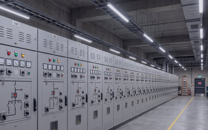 A row of grey medium-voltage switchgear panels in a switchroom, seen down the operating aisle.