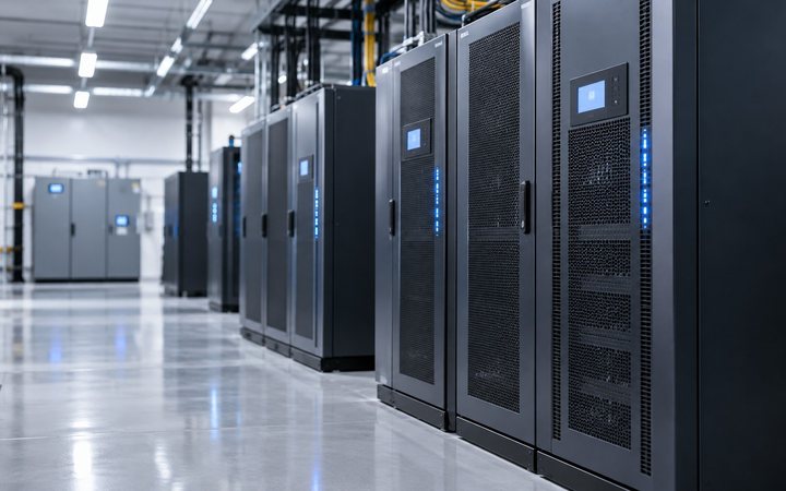 A UPS lineup with its battery cabinets in a plant room