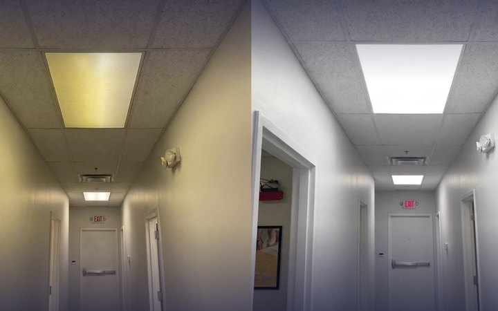One corridor shot twice: a yellowed ceiling diffuser on the left beside a new, bright white panel on the right.